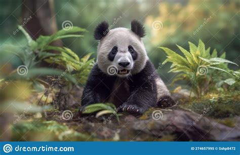 Cute Cuddly Panda Bear Sits In Forest And Eats Bamboo In Sunset Sun