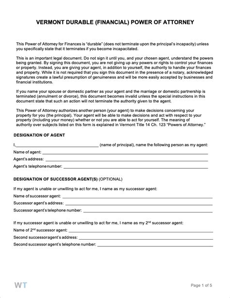 Free Vermont Power Of Attorney Forms Pdf Word