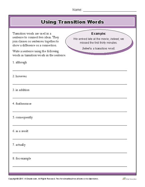 Transition Words Worksheet