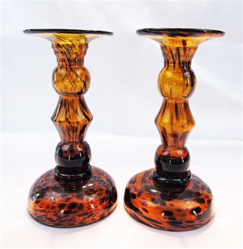 Vintage Tortoise Shell Glass Candlestick Candle Holder Small Compote Hand Blown Matching Pair