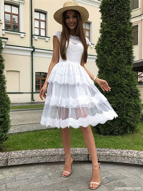 Cute A Line Round Neck White Lace Short Homecoming Dresses
