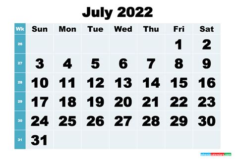 Free Printable July 2022 Calendar Word Pdf Image