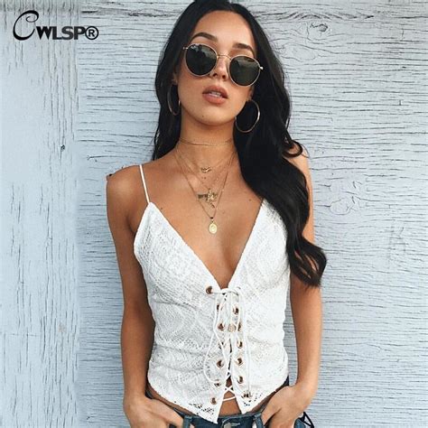 Cwlsp Summer Women Lace Up Camis Sexy Top Front Hollow Out Lace Tank