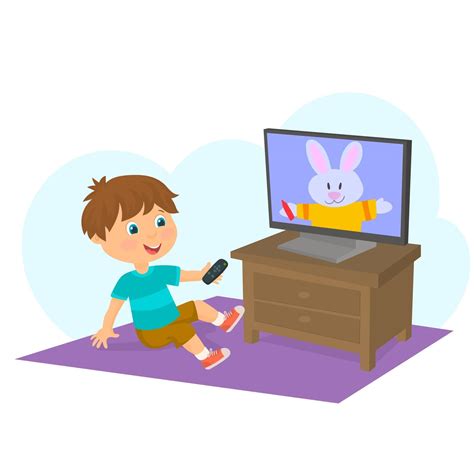 Boy Watching Cartoons On Television With Remote Control In Hand Vector Art At Vecteezy