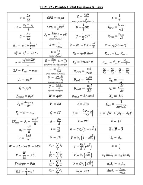Phy Equation Sheet Phy122 Possibly Useful Equations And Laws 푣̅ ∆푥