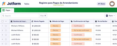 Plantilla Para Registrar Pago De Arrendamiento Plantilla Jotform Tables