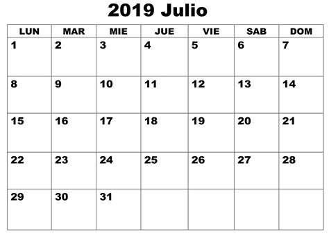 Julio Calendario Mes 2019 Calendario Julio Calendario Julio