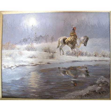 Native American Framed Original In A Night Snow Scene Oil Painting By