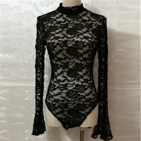 chamsgend women sexy black lace bodysuit see through turtleneck long flare sleeve backless