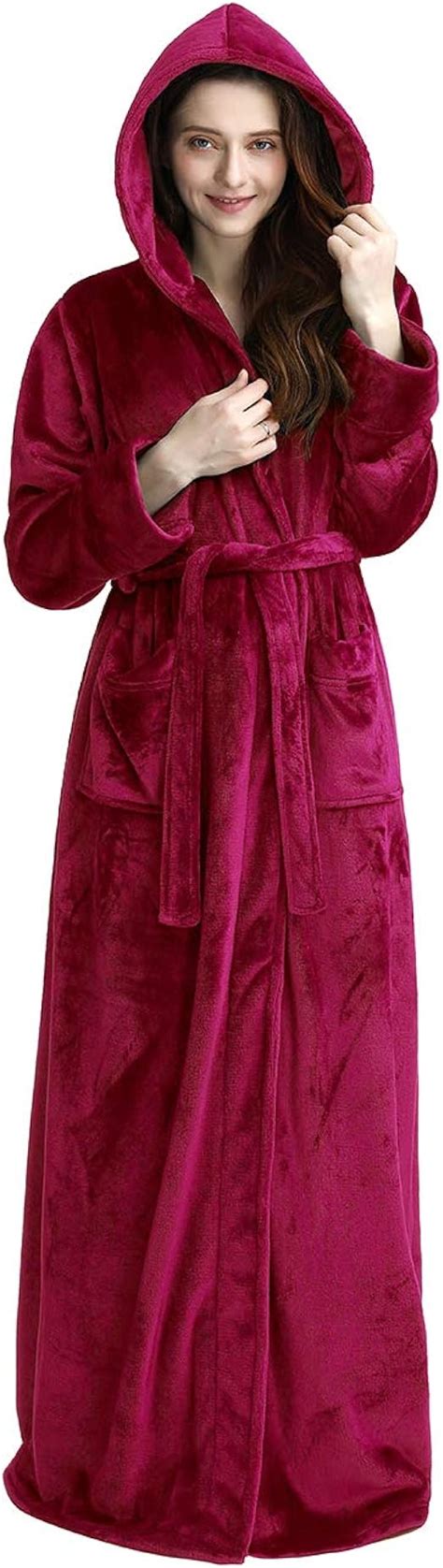 Womens Long Hooded Bathrobe Fleece Full Length Bathrobe With Hood