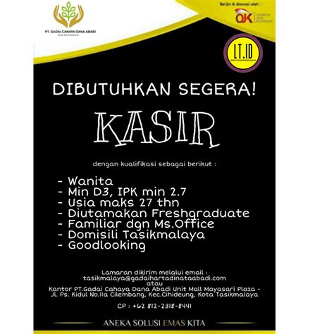 Lowongan kerja terbaru, untuk lulusan smp, sma/k sedetajat, d1, d2, d3 dan s1 semua jurusan. Loker Tasikmalaya - Lowongan Kerja Mayasari Plaza ...