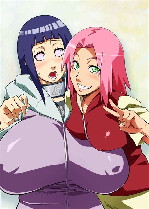Sunahara Wataru Haruno Sakura Hyuuga Hinata Naruto Naruto Series 2girls Alternate Breast