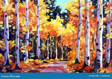 Beauty Of Autumn Forest Acrylic On Canvas Painting Stock Illustration