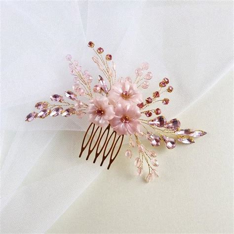 Pink Flower Hair Comb For Bride Gold Wedding Hair Piece With Crystal