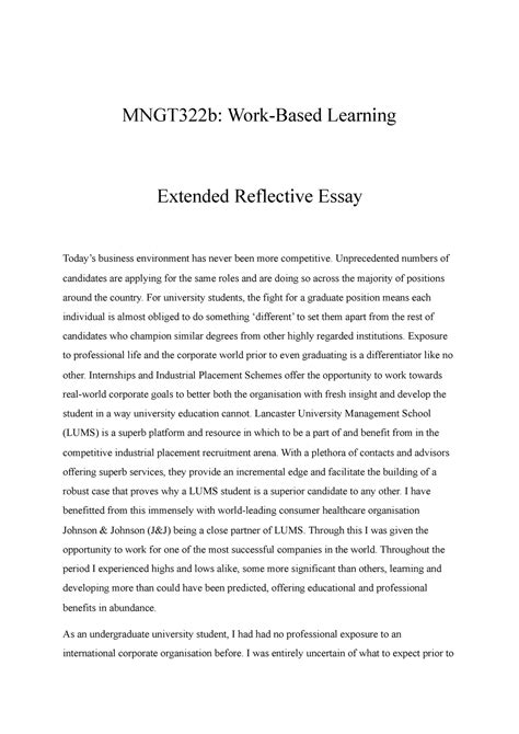 Extended Reflective Essay 322b Mngt322b Work Based Learning Extended