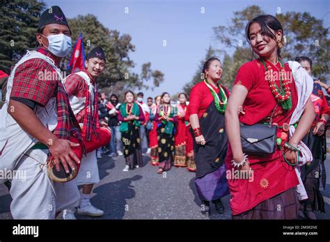 kathmandu nepal 30th dec 2022 people of the gurung community wearing traditional attire are