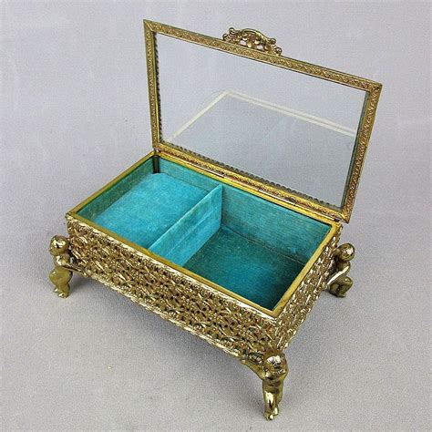 Vintage Gold Ormolu Beveled Glass Jewelry Trinket Music Box W Cherub From Greatvintagestuff On