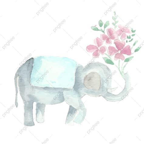 Watercolor Elephant White Transparent Cute Elephant Holding Flower