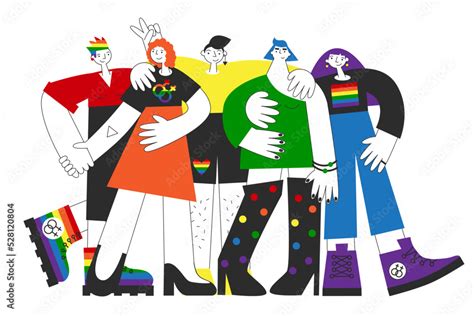 group of gay women with rainbow flag lgbtq symbols homosexual queer lesbian visibility