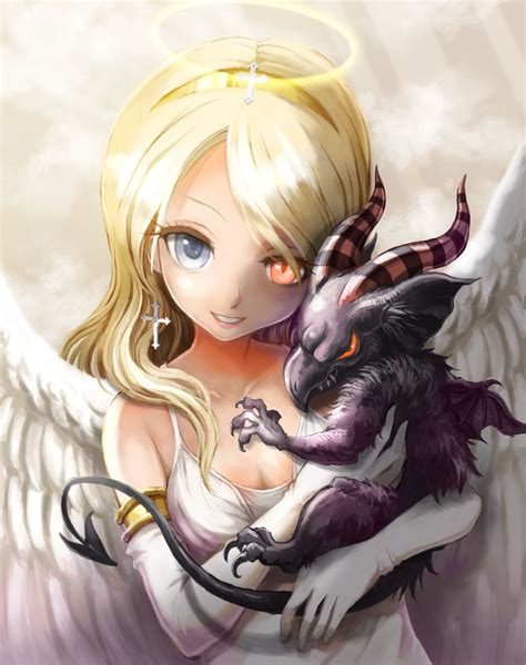 Anime Girl Angel Eith Blonde Hair Blue And Yellow Eyes And A Demon Evil Anime Anime Angel