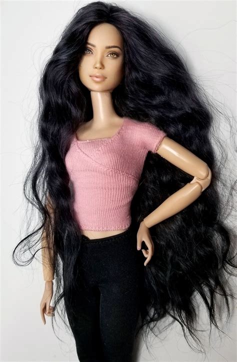 Ooak Custom Barbie Doll Wearing A Long Black Wig Post Glue Head