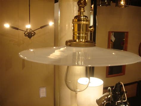 Brass Hanging Light Fixture With Antique Milk Glass Disk Shade For Sale