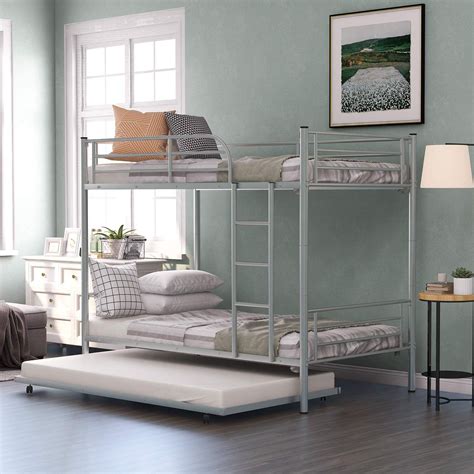Buy Steel Bunk Bed With Trundle Twin Over Twin Metal Bunk Bed Frame Convertible Into 3 Platform