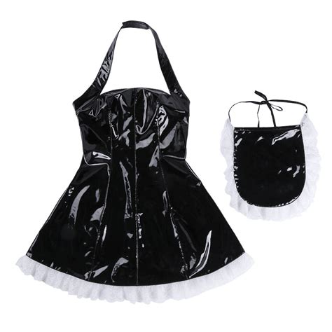 Sexy Women S Wet Look Maid Costume Apron Role Play Cosplay Uniform Outfit Set EBay