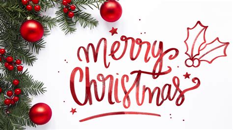 Merry Christmas With Red Balls And Green Leaves In White Background Hd
