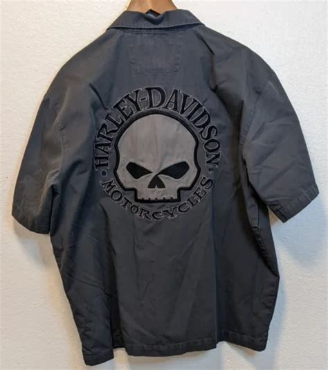 Harley Davidson Mens Xl Grey Willie G Skull Button Down Shirt Short