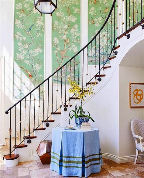 Amazing Foyer With Green Floral Wallpaper From Gracie Studio