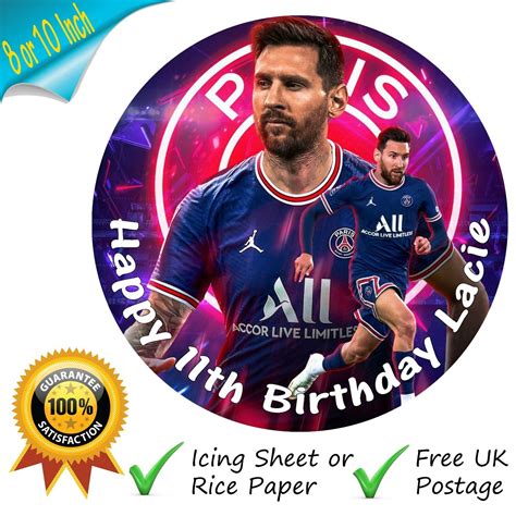 Lionel Messi Psg Cake Topper Personalised Edible Round Football Topper