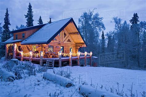 Log Cabin Near Fairbanks Trees Snow Lights House Alaska Sky Hd
