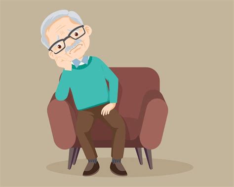 Sad Senior Man Sitting Alone On Sofa Premium Vector