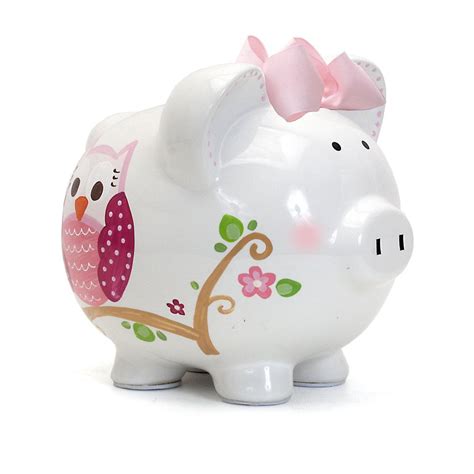 Child To Cherish Ceramic Piggy Bank For Girls Pink Dotted Owl