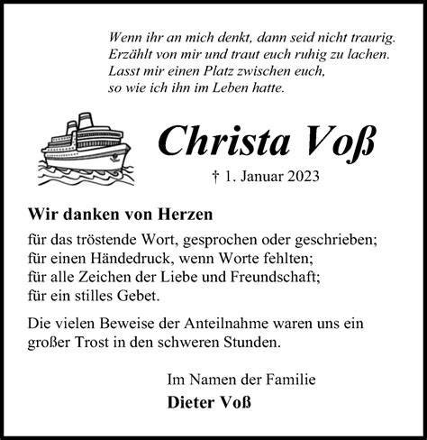 Traueranzeigen Von Christa Voß Trauer Anzeigende