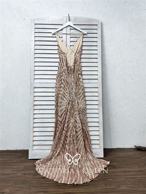 VQ Unusual Rose Gold Striped Sequin V Neck Long Prom Gown