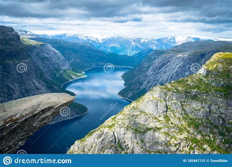 Trolltunga In Norway Cliffs Mountain And Lake Fiord Stock Image Image