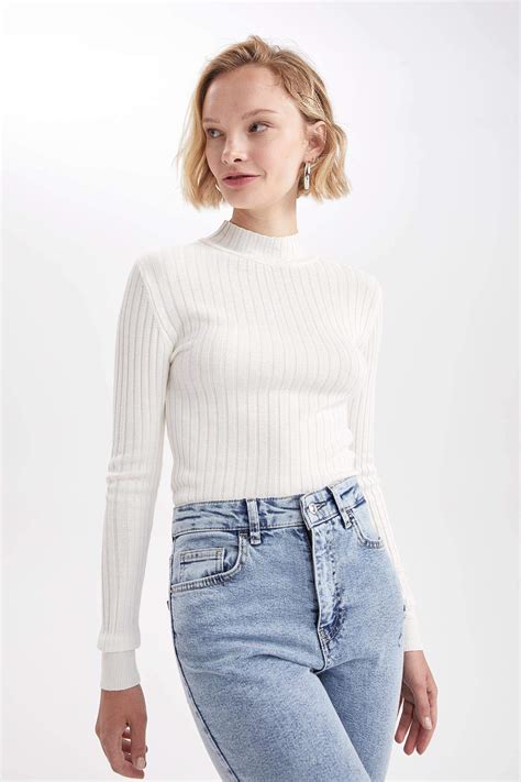 Ecru WOMAN Slim Fit Half Turtleneck Basic Corduroy Knitwear Sweater