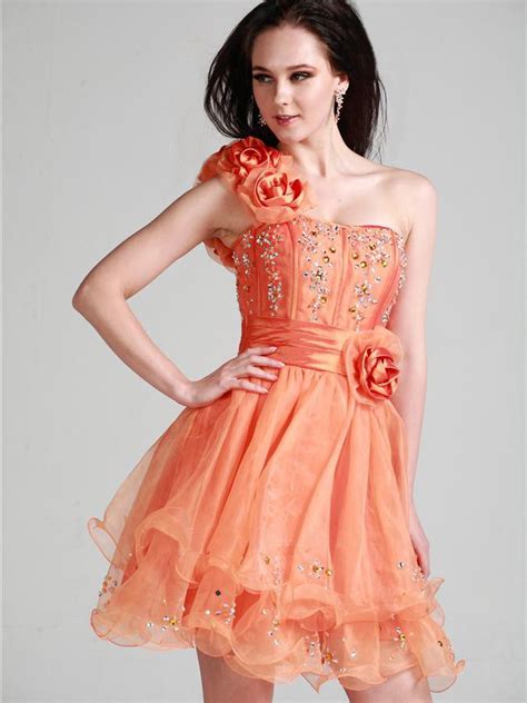 A Line One Shoulder Organza Shortmini Orange Flowers Homecoming Dress