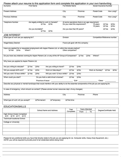 50 free employment job application form templates printable