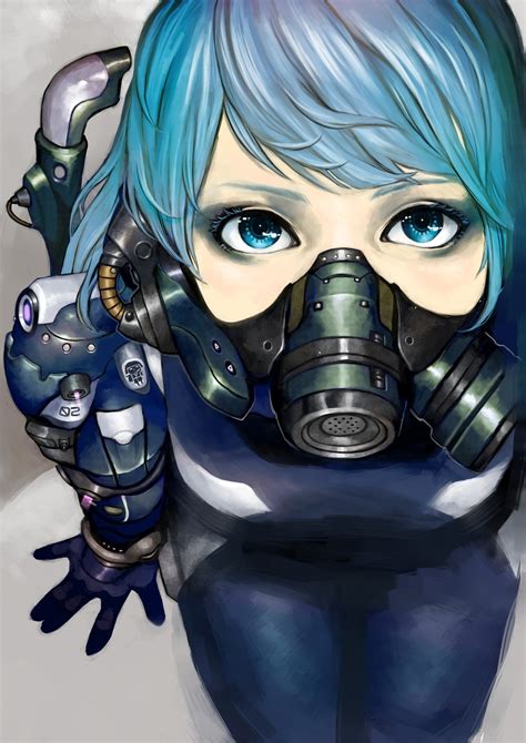 Download Blue Eyes Hair Gas Masks Simple Background Anime Girls Solo