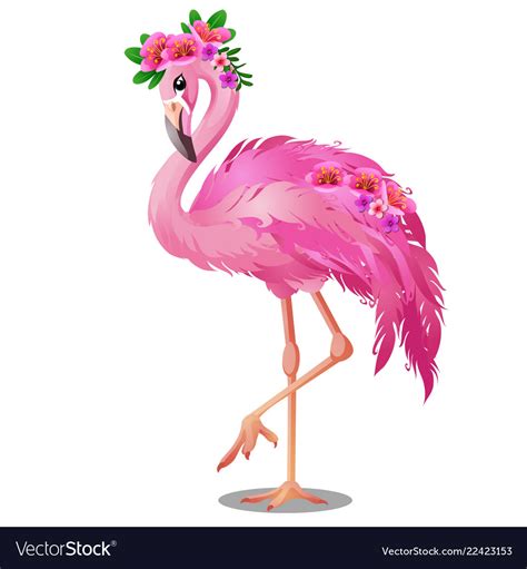Beautiful Bird Pink Flamingo With Flowers Isolated