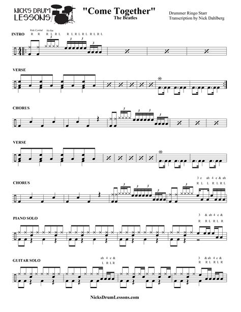 Come Together The Beatles Drum Sheet Music Nicks Drum Lessons