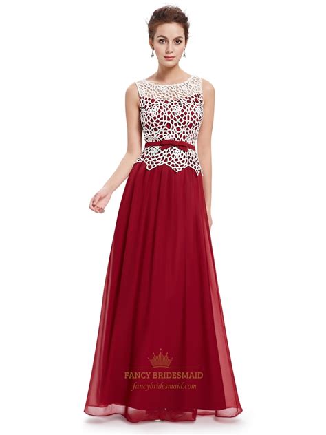 Burgundy Sheer Illusion Neckline Lace Bodice Chiffon Prom Dress Fancy