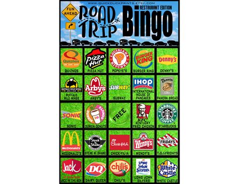 Print whichever of these 20+ reusable car games you'd like. Restaurant Road Trip Bingo - 20 Cards- Travel Bingo ...