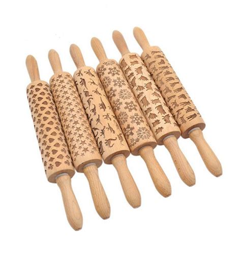 Wood Rolling Pin With Laser Engraved Snowflake Pattern For Embossed