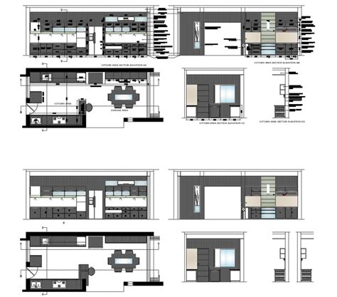 Kitchen Elevation Section And Layout Plan Details With Furniture Cad