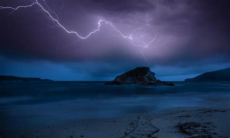 Nature Beach Night The Storm Lightning Twilight Rock Sea