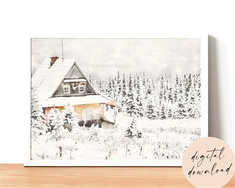 Cabin In The Snow Watercolor Printable Art Winter Scene Etsy